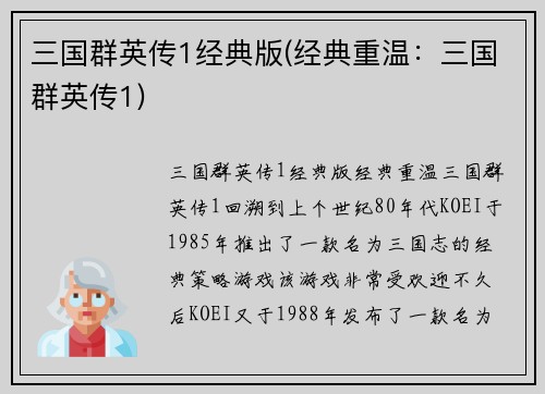 三国群英传1经典版(经典重温：三国群英传1)